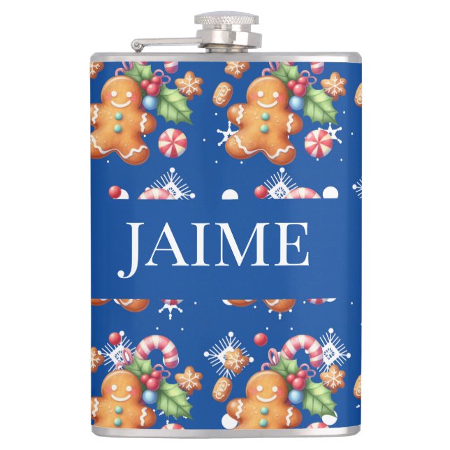 Gingerbread Christmas Peppermint Blue Name Snow  Hip Flask (Front)