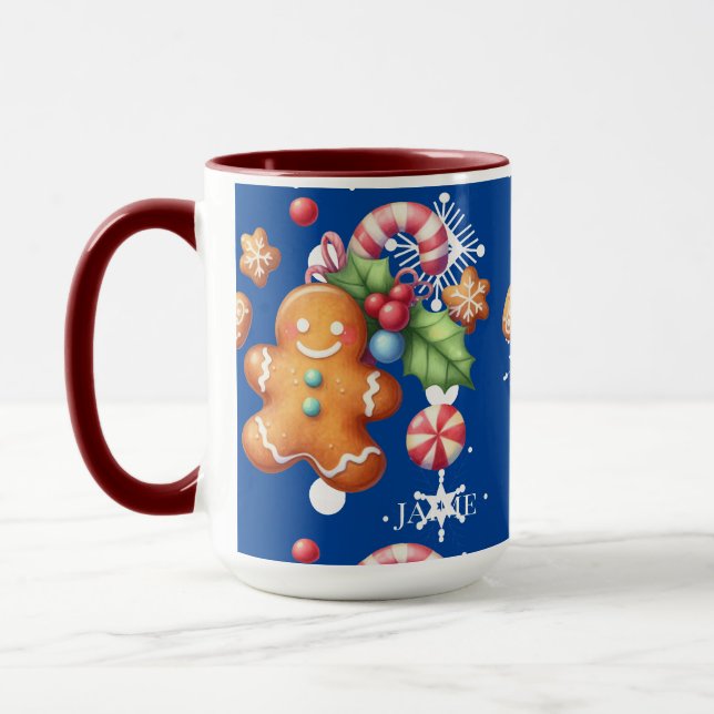 Gingerbread Christmas Peppermint Blue Name Snow Mug (Left)