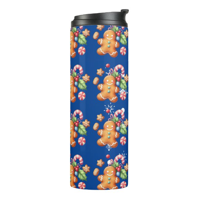 Gingerbread Christmas Peppermint Blue Name Snow Thermal Tumbler (Rotated Left)