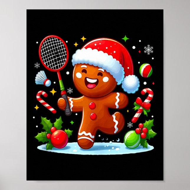 Gingerbread Christmas Playing Badminton Funny Play Poster (Front)