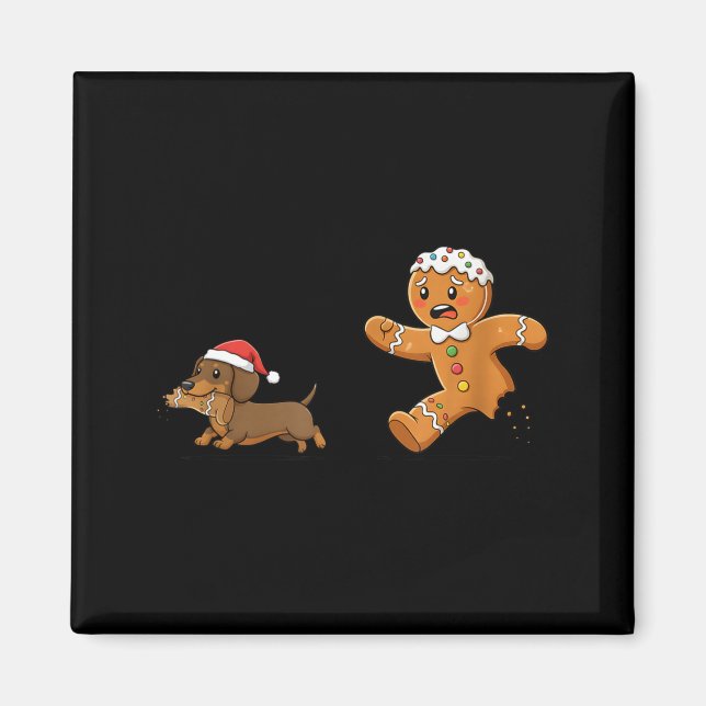Gingerbread Cookie Chasing Dachshund Christmas Dog Magnet (Front)