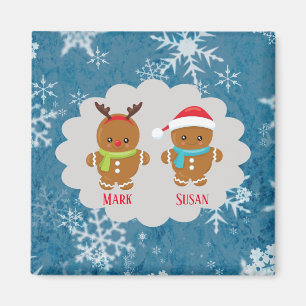 Gingerbread Cookie Couple with Names Snowflakes Magnet