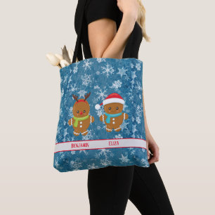 Gingerbread Cookie Couple with Names Snowflakes Tote Bag
