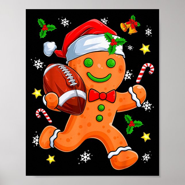 Gingerbread Cookie Playing Football Merry Christma Poster (Front)