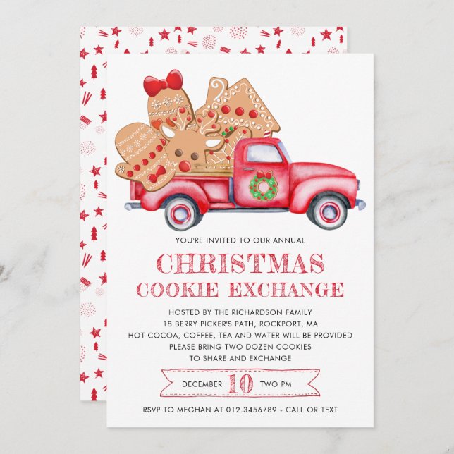 Gingerbread Cookie Red Truck Cookie Exchange Invitation (Front/Back)