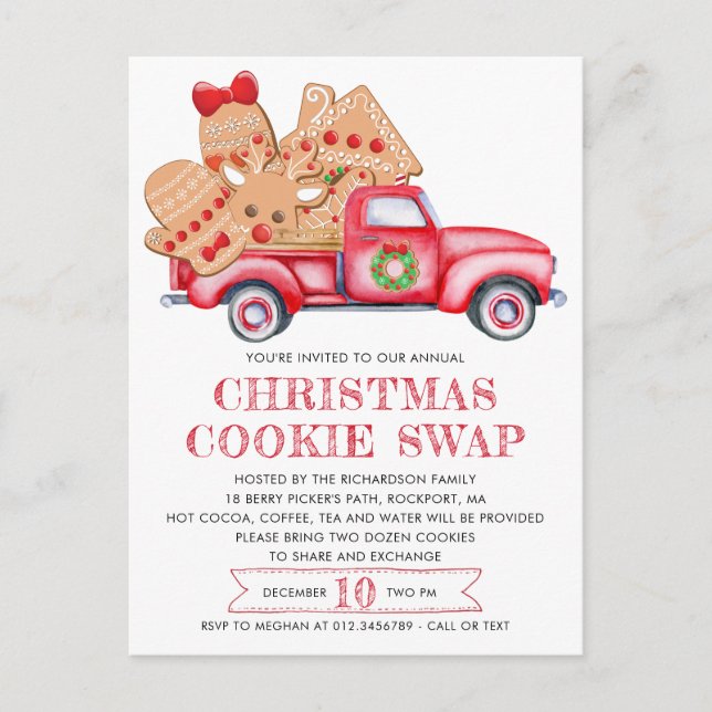 Gingerbread Cookie Red Truck Cookie Invitation Postcard (Front)