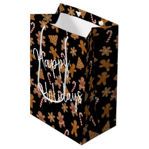 Gingerbread Cookies and Candy Canes on Black Medium Gift Bag