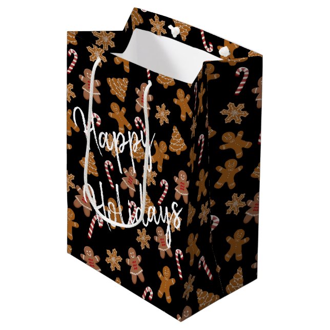 Gingerbread Cookies and Candy Canes on Black Medium Gift Bag (Front Angled)