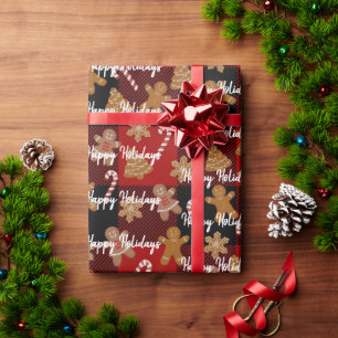 Gingerbread Cookies and Candy Canes on Plaid Wrapping Paper