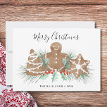 Gingerbread Cookies Christmas  Holiday Card<br><div class="desc">This Gingerbread Cookies Christmas Holiday Card is decorated with watercolor cookies,  festive greenery,  and red berries. It says Merry Christmas in stylish script typography and has a gingerbread cookie pattern on the back.
Easily customisable.
Original Watercolor © Michele Davies.</div>