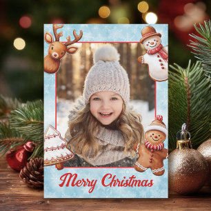 Gingerbread Cookies Photo Frame Blue Background Holiday Card