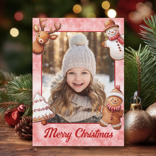 Gingerbread Cookies Photo Frame Red Background Holiday Card (Creator Uploaded)