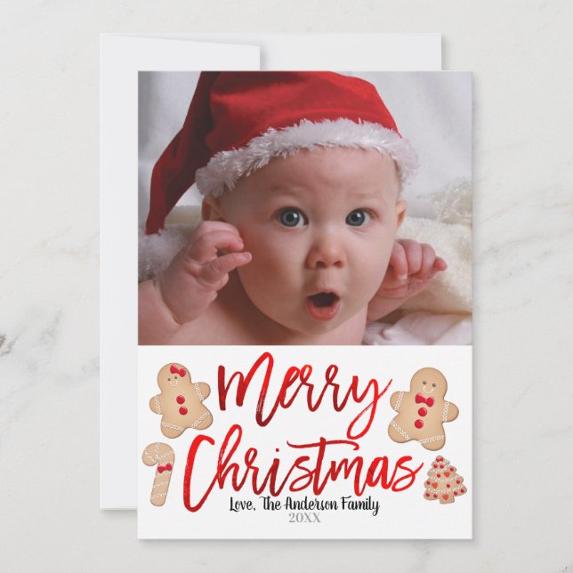 Gingerbread Cookies Red Merry Christmas Photo Holiday Card (Front)