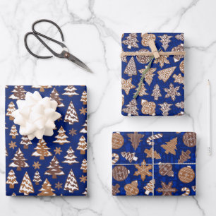 Gingerbread Cookies Set Blue Christmas Wrapping Paper Sheet