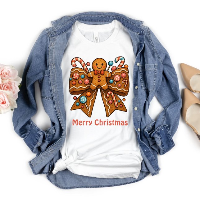 Gingerbread Coquette Bow Christmas Holiday  T-Shirt (Gingerbread Man Coquette Bow Christmas Holiday T-shirt for her. Personalized with your text.)
