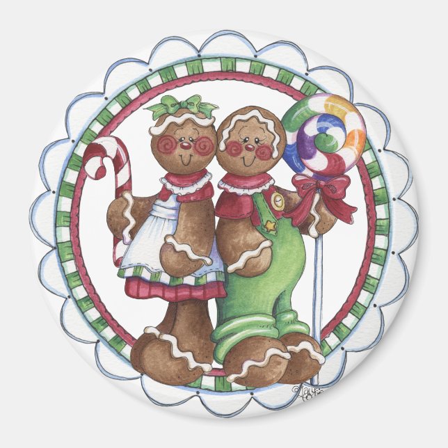 Gingerbread Couple Lollipop Candy Cane Magnet (Front)