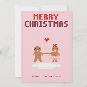 Gingerbread Couple Pink Pixel Art Christmas Card
