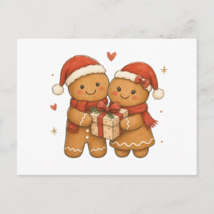 Gingerbread Couple with Gift and Santa Hats Postcard