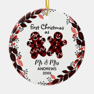 Gingerbread Couples First Christmas Buffalo Plaid Ceramic Tree Decoration
