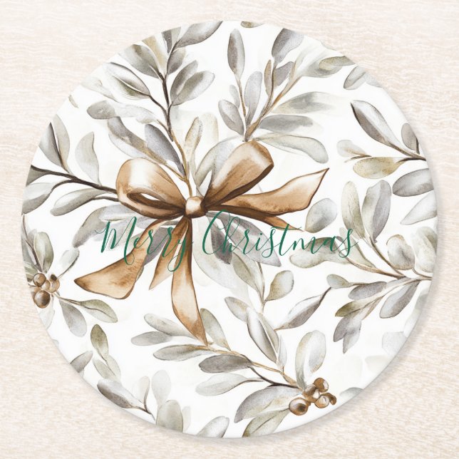Gingerbread Cream Bow Christmas Round Paper Coaster (Front)
