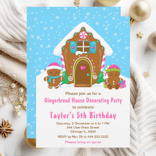 Gingerbread Decorating Birthday Party Blue Pink Invitation