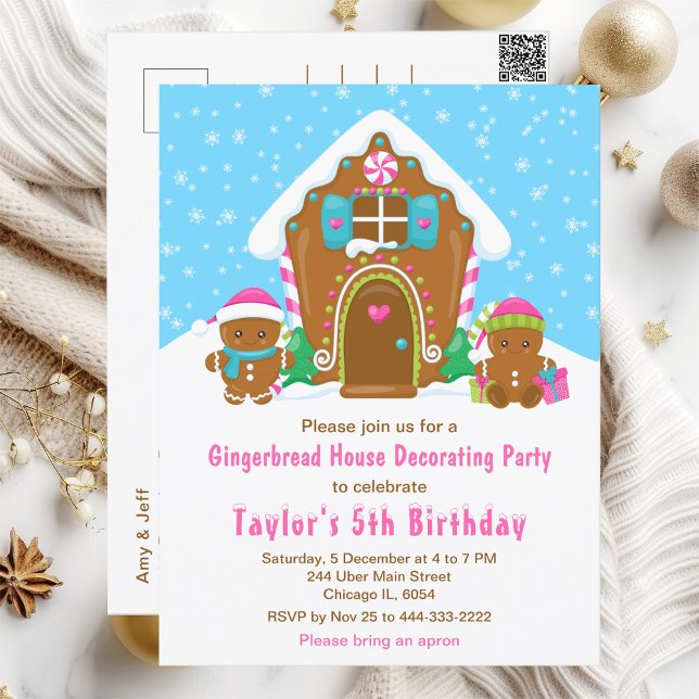 Gingerbread Decorating Birthday Party Blue Pink Postcard (Creator Uploaded)
