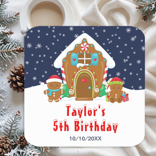 Gingerbread Decorating Birthday Party Navy and Red Square Paper Coaster (Creator Uploaded)
