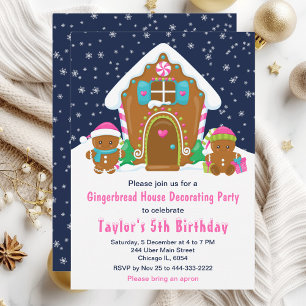 Gingerbread Decorating Birthday Party Navy Pink Invitation