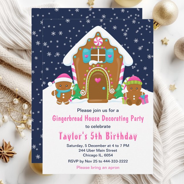 Gingerbread Decorating Birthday Party Navy Pink Invitation (Creator Uploaded)