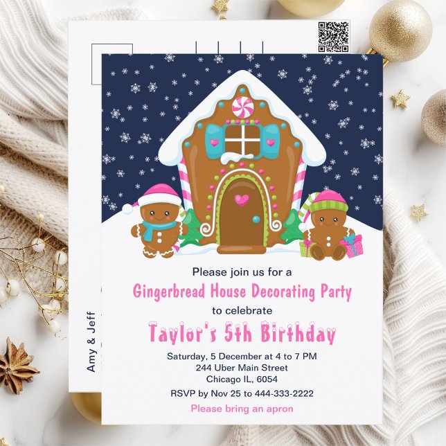 Gingerbread Decorating Birthday Party Navy Pink Postcard (Creator Uploaded)