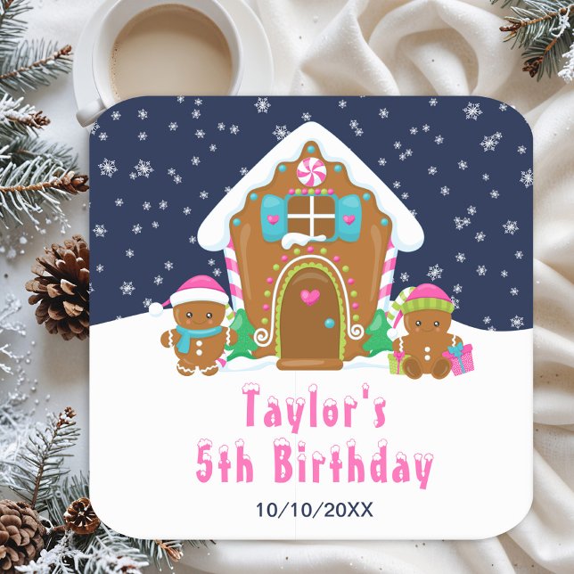 Gingerbread Decorating Birthday Party Navy Pink Square Paper Coaster (Creator Uploaded)