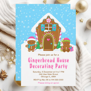 Gingerbread Decorating Party Bright Blue and Pink Invitation