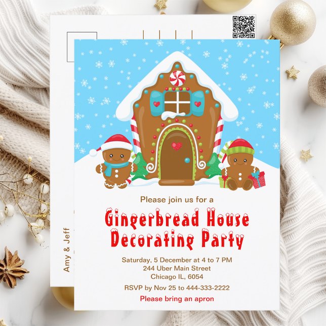 Gingerbread Decorating Party Bright Blue and Red Postcard (Creator Uploaded)