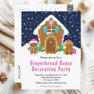 Gingerbread Decorating Party Navy Blue and Pink Postcard