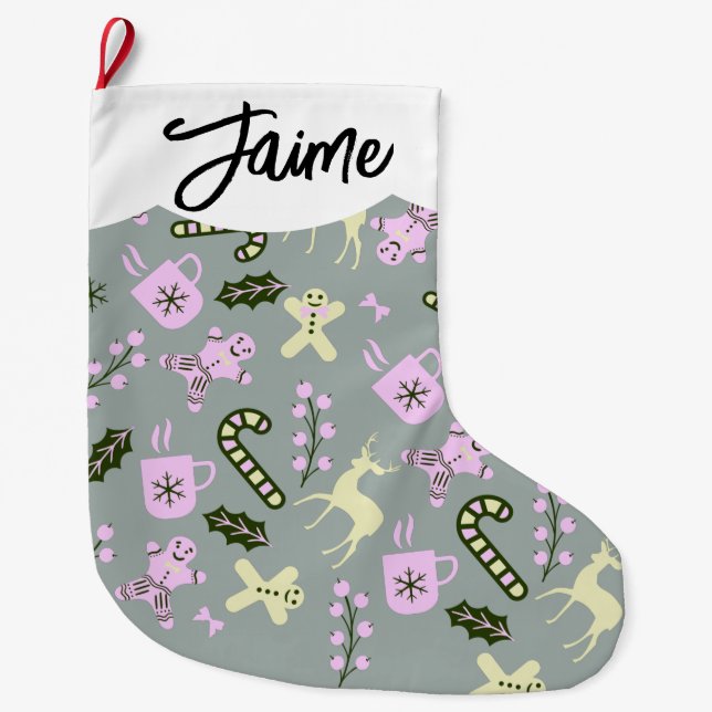 Gingerbread Deer Candycane Greenery Christmas     Large Christmas Stocking (Front)