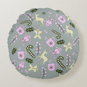 Gingerbread Deer Candycane Greenery Christmas   Round Cushion