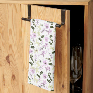 Gingerbread Deer Candycane Treats Christmas Pink Tea Towel