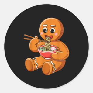 Gingerbread Eating Ramen Funny Christmas Japanese Classic Round Sticker