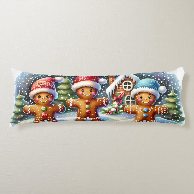 Gingerbread Family Snowy Christmas Scene Body Cushion (Front)