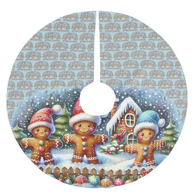 Gingerbread Family Snowy Christmas Scene Brushed Polyester Tree Skirt (Front)