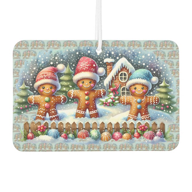 Gingerbread Family Snowy Christmas Scene Car Air Freshener (Front)