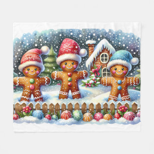 Gingerbread Family Snowy Christmas Scene Fleece Blanket