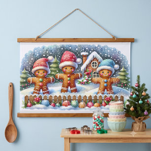 Gingerbread Family Snowy Christmas Scene Hanging Tapestry