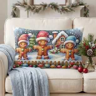 Gingerbread Family Snowy Christmas Scene Lumbar Cushion
