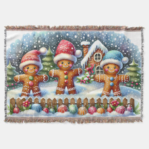 Gingerbread Family Snowy Christmas Scene Throw Blanket