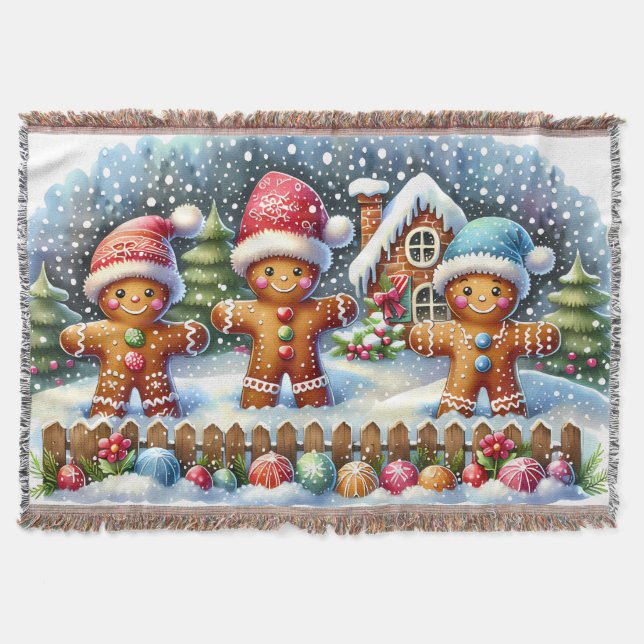 Gingerbread Family Snowy Christmas Scene Throw Blanket (Front)