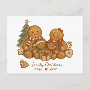 Gingerbread Family with Christmas Tree Watercolor Postcard