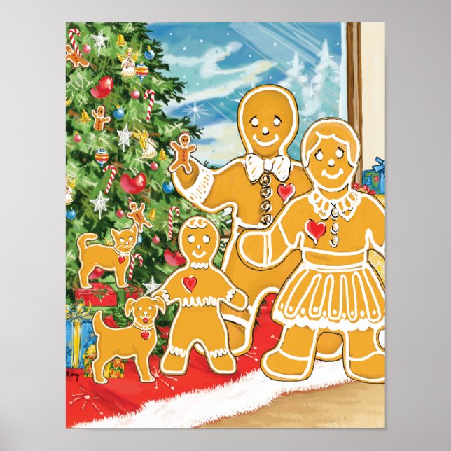 Gingerbread Family With Their Christmas Tree Poster (Front)