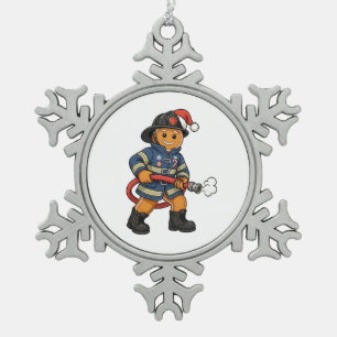 Gingerbread Firefighter Christmas 2026 Holiday Snowflake Pewter Christmas Ornament