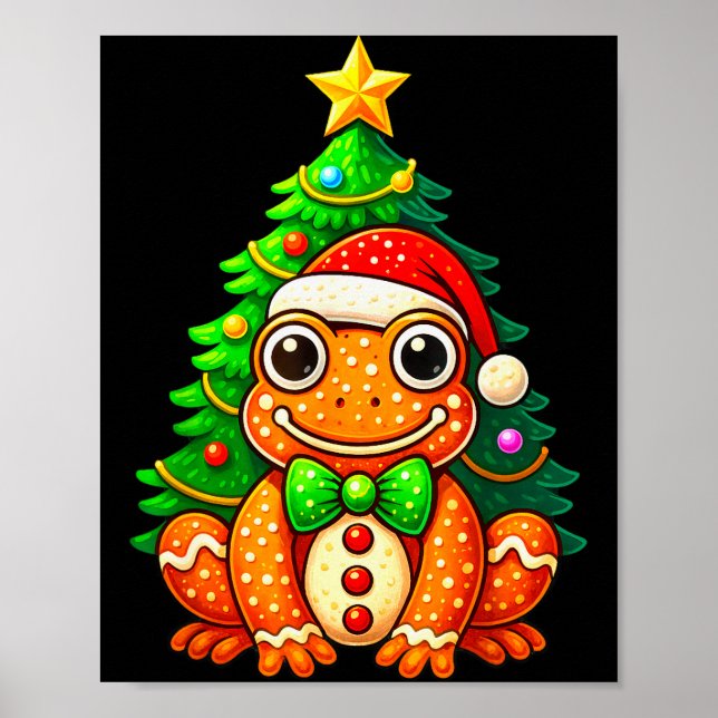 Gingerbread Frog Wearing Santa Hat Christmas Tree  Poster (Front)